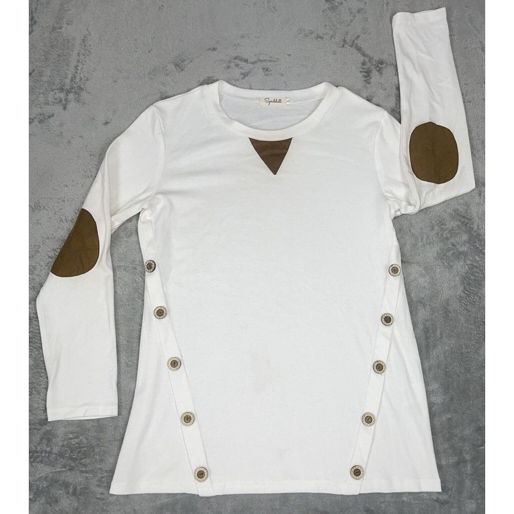 Spadehill Pullover Tunic Shirt Womens Beige Brown Elbow Patches Button Trim Sz S